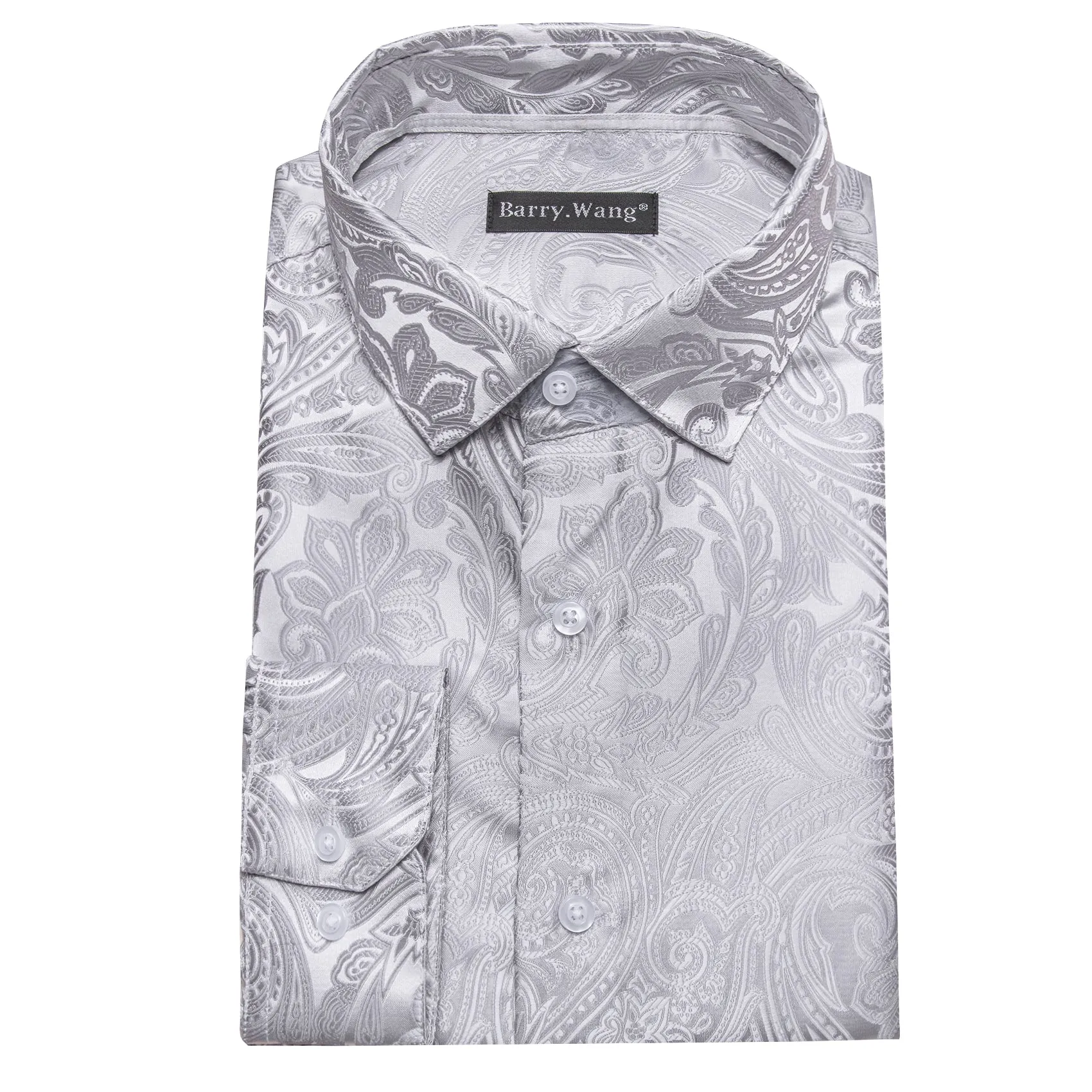 Barry. Wang Button Down Shirt Grey Silver Paisley Men's Silk Shirt sold by Barrywang product image thumbnail 5