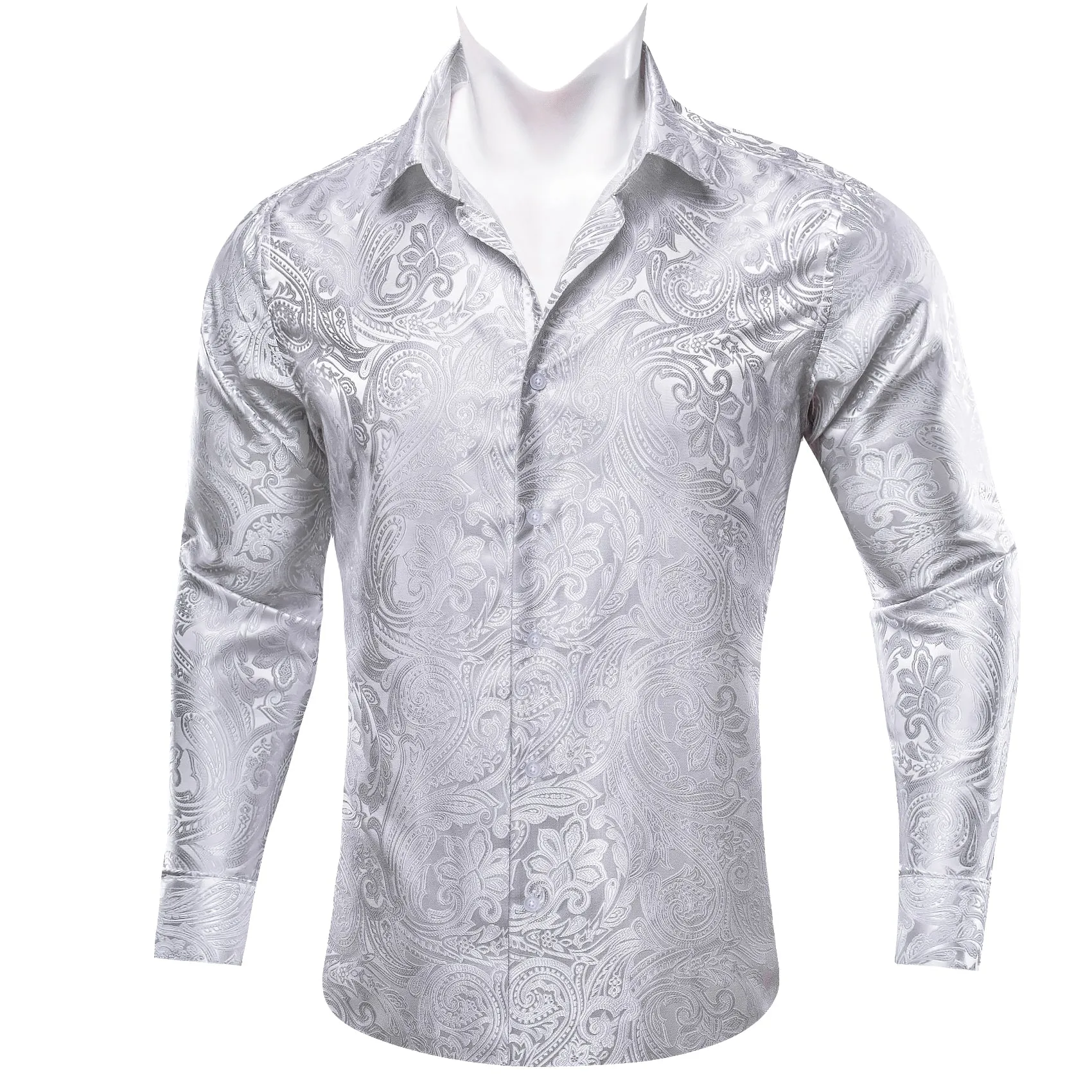 Barry. Wang Button Down Shirt Grey Silver Paisley Men's Silk Shirt sold by Barrywang product image thumbnail 2