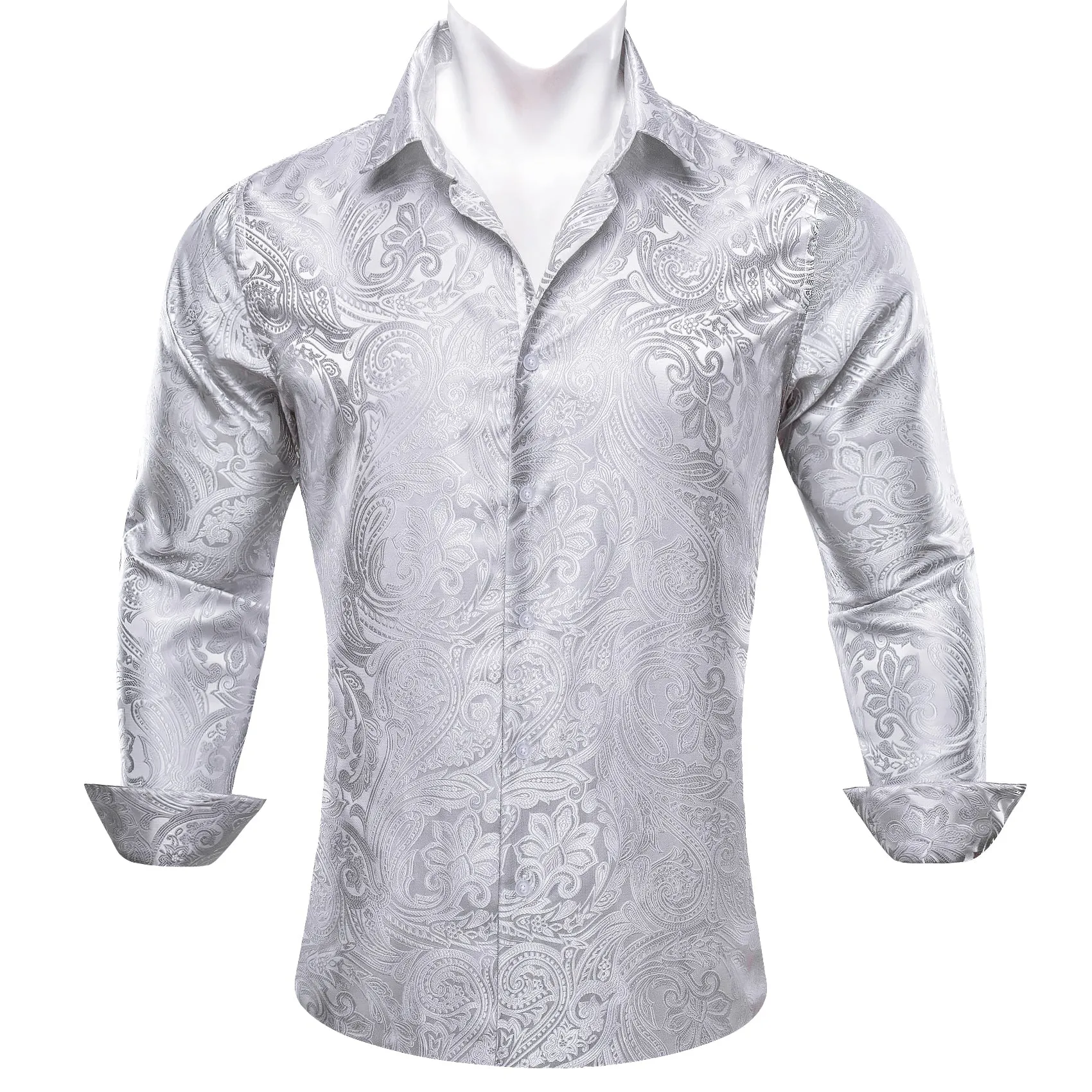 Barry. Wang Button Down Shirt Grey Silver Paisley Men's Silk Shirt sold by Barrywang product image thumbnail 3
