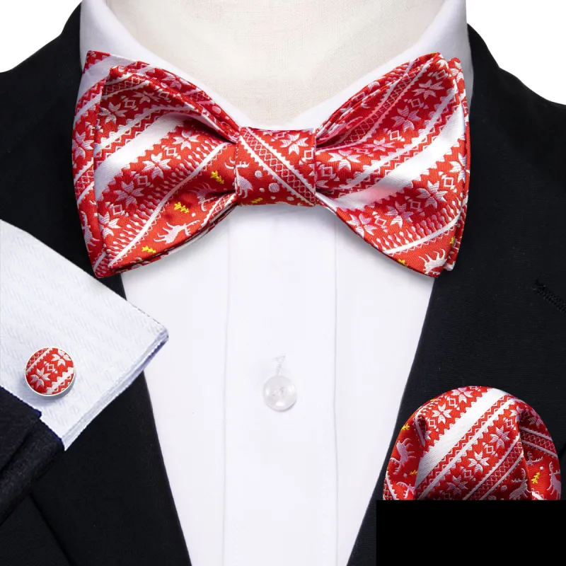 Christmas Red Silver Elk Silk Bow Tie Hanky Cufflinks Set sold by Barrywang