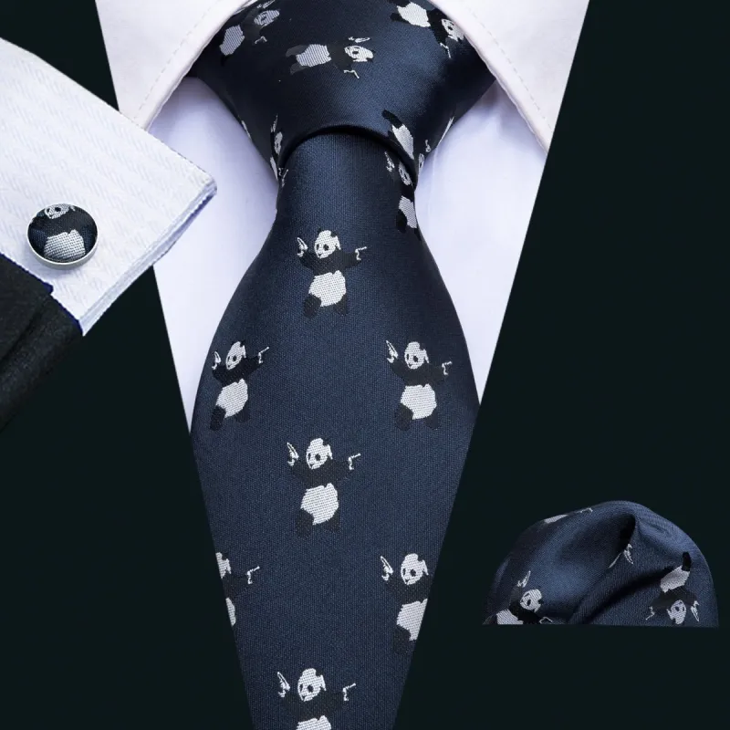 Barry Wang Blue Tie Panda Novelty Men's Silk Tie Hanky Cufflinks Set sold by Barrywang