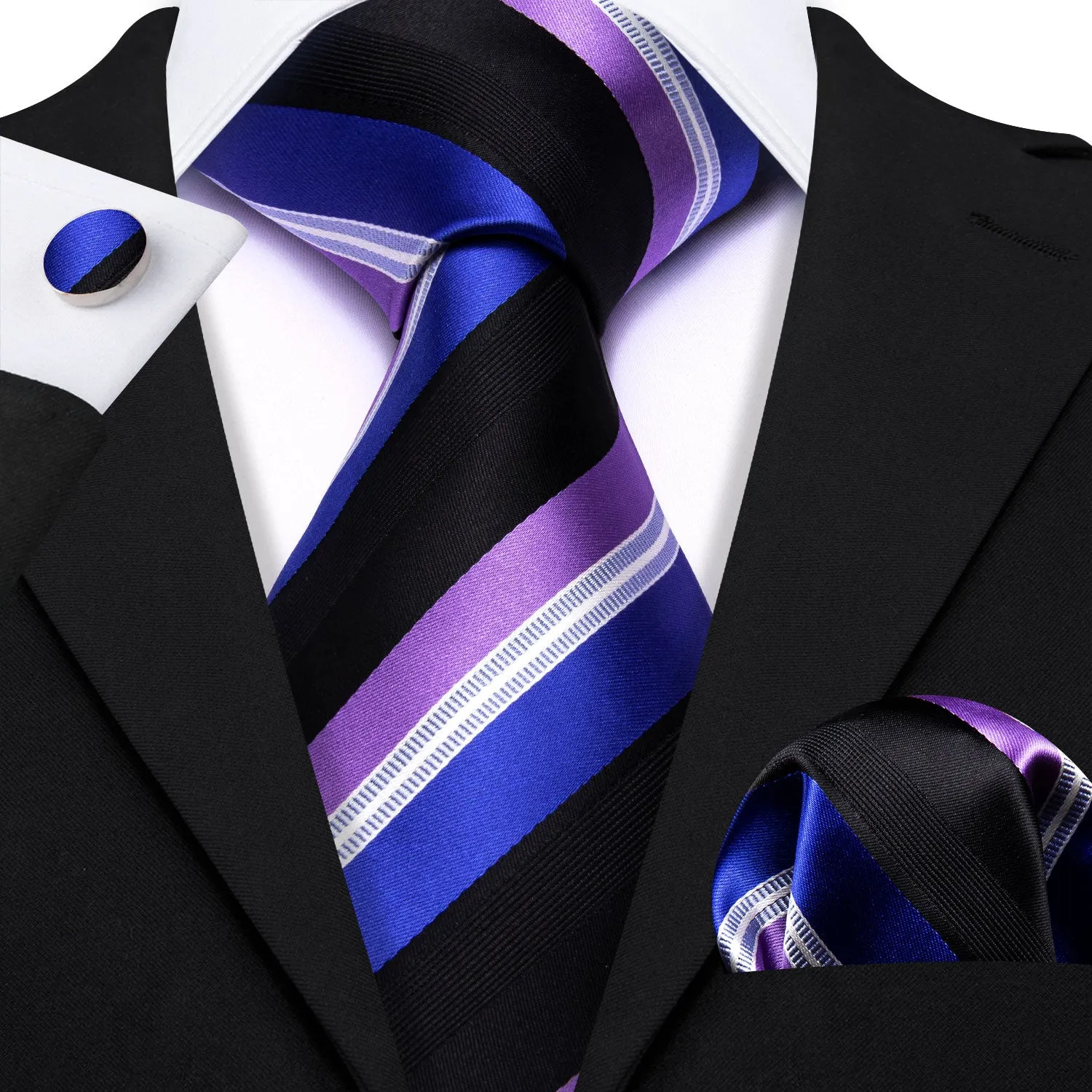 Barry Wang Striped Necktie Black Blue Purple Tie Hanky Cufflinks Set sold by Barrywang product image thumbnail 2