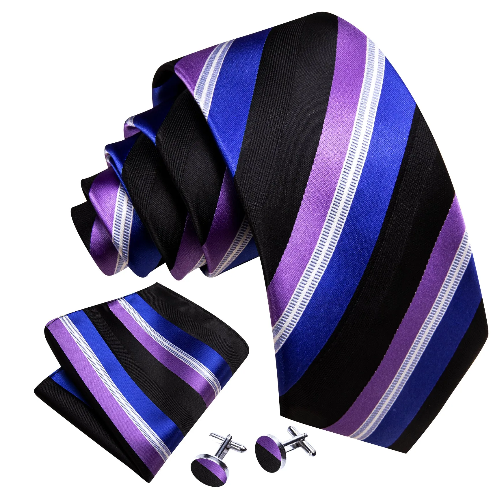 Barry Wang Striped Necktie Black Blue Purple Tie Hanky Cufflinks Set sold by Barrywang product image thumbnail 3