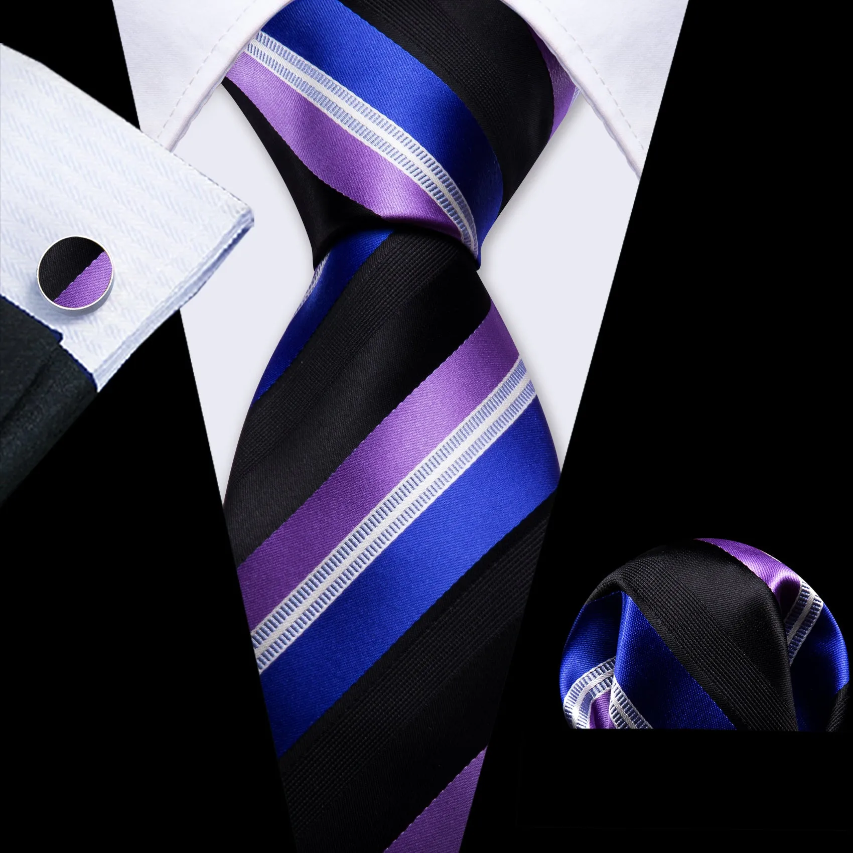 Barry Wang Striped Necktie Black Blue Purple Tie Hanky Cufflinks Set sold by Barrywang