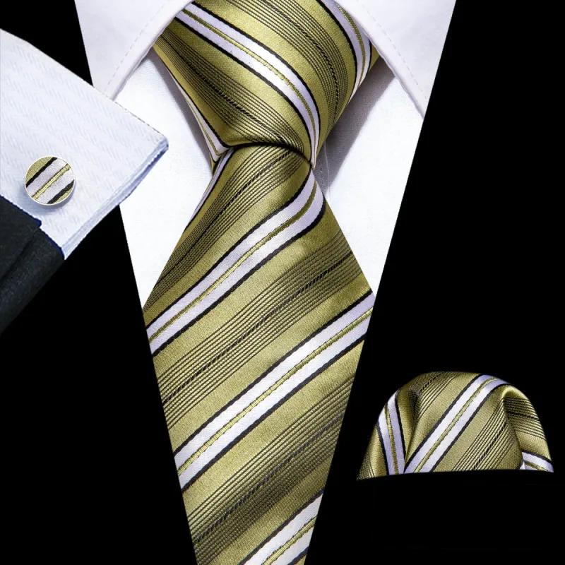 Barry Wang LemonChiffon Yellow White Striped Silk Mens Necktie Set sold by Barrywang