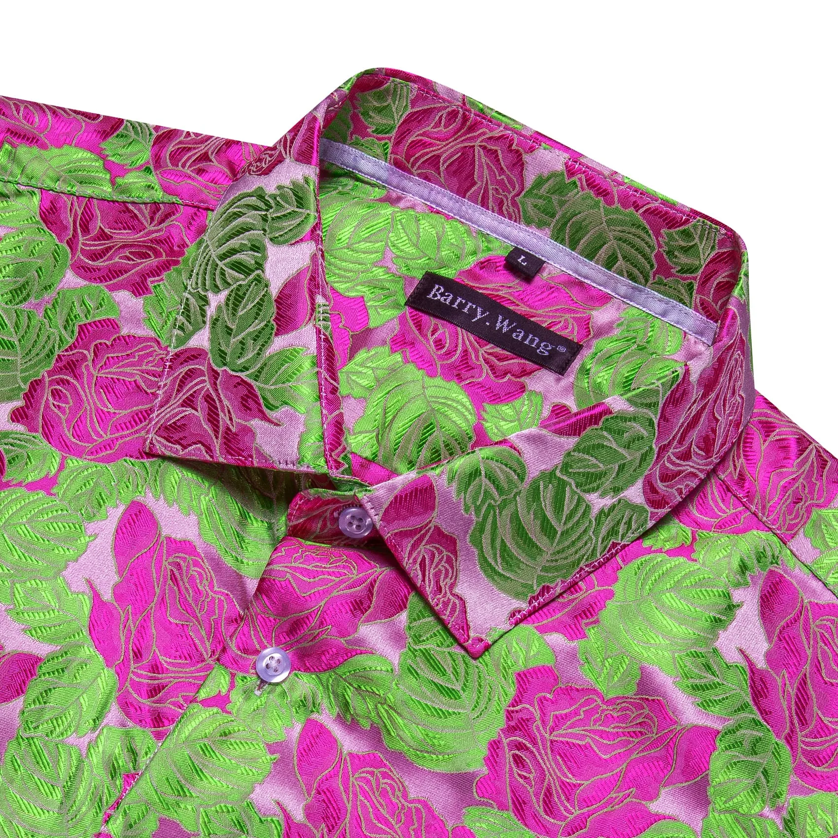 Barry. Wang Deep Pink Roses LIight Green Long Sleeve Shirt Mens Top sold by Barrywang product image thumbnail 4