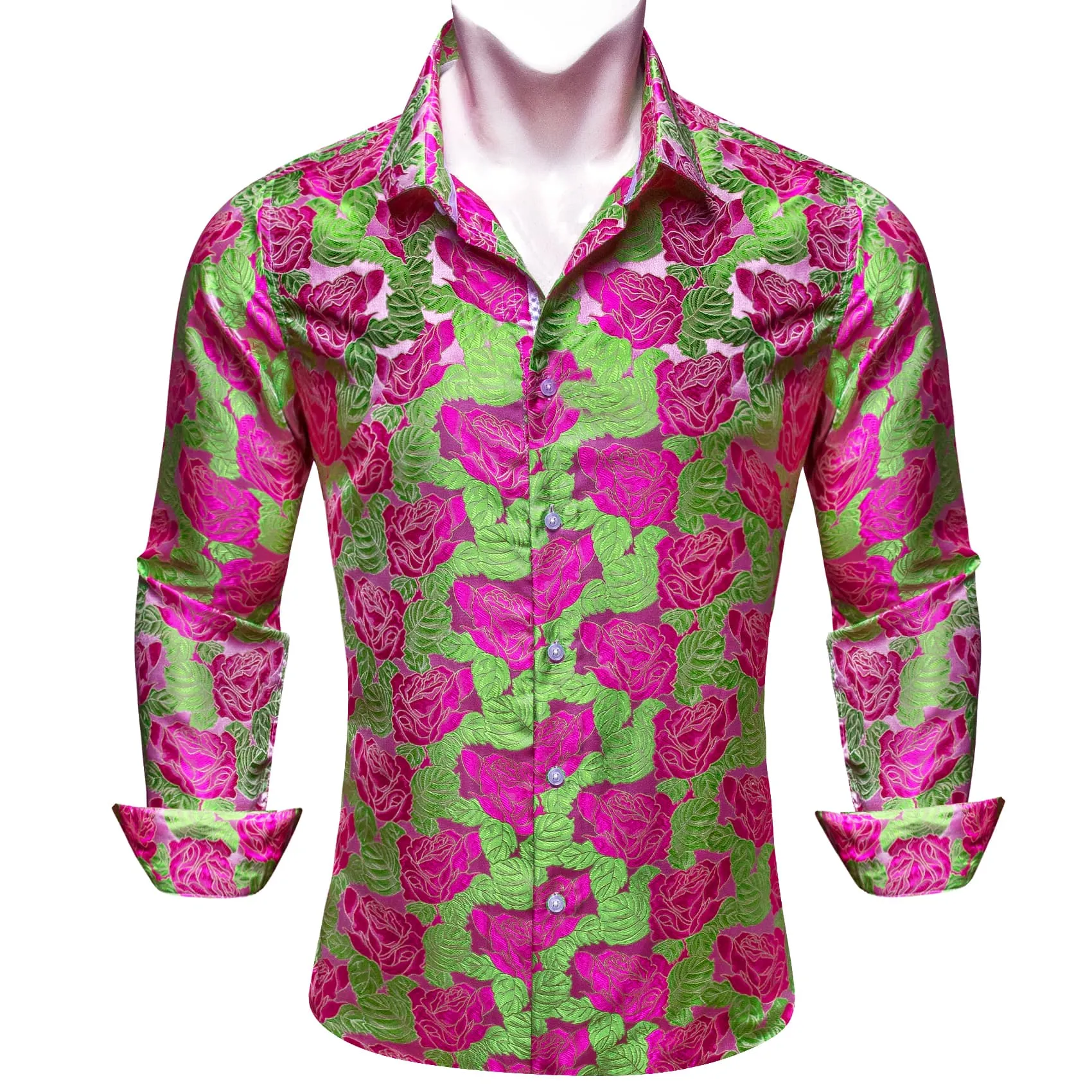 Barry. Wang Deep Pink Roses LIight Green Long Sleeve Shirt Mens Top sold by Barrywang