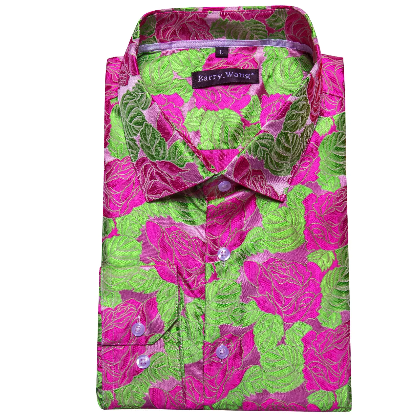 Barry. Wang Deep Pink Roses LIight Green Long Sleeve Shirt Mens Top sold by Barrywang product image thumbnail 5