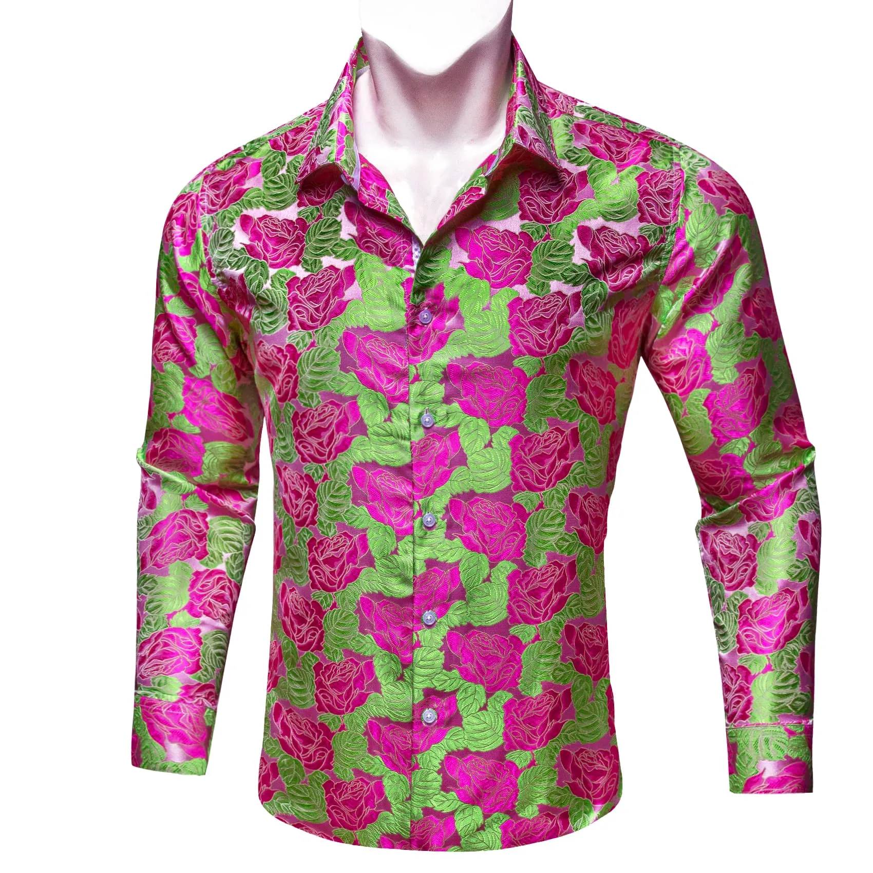 Barry. Wang Deep Pink Roses LIight Green Long Sleeve Shirt Mens Top sold by Barrywang product image thumbnail 2