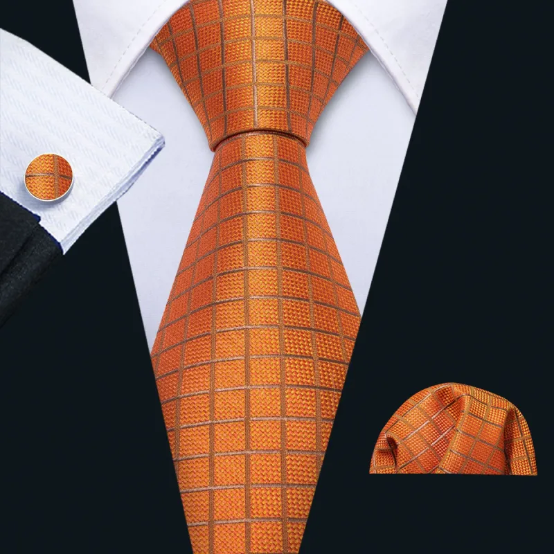 Barry Wang Orange Necktie Plaid Silk Tie Pocket Square Cufflinks Set sold by Barrywang