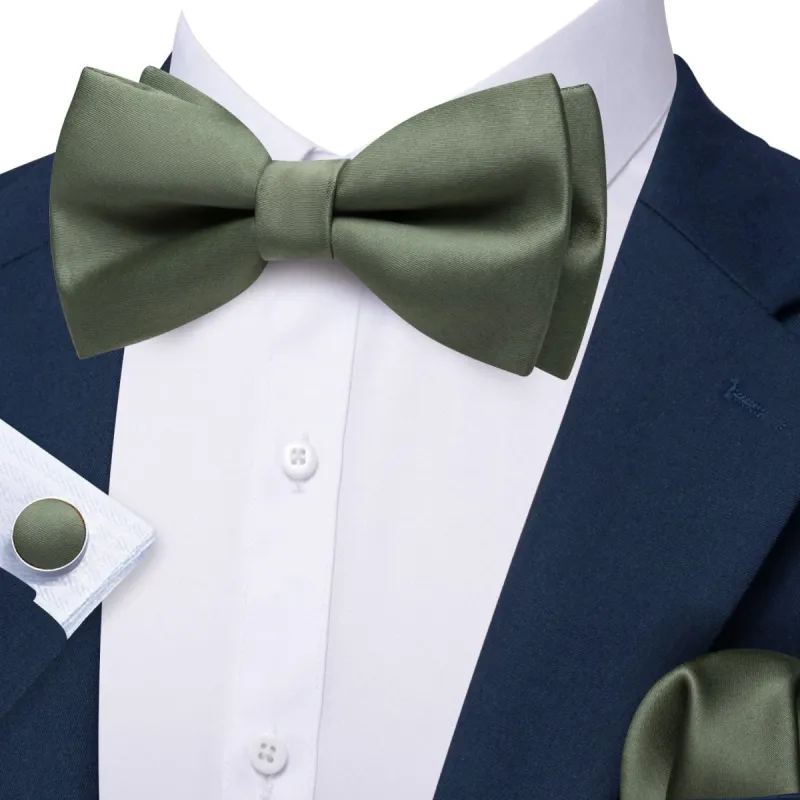 Barry. Wang Sage Green Pre-Tied Solid Silk Bow Tie Hanky Cufflinks Set sold by Barrywang
