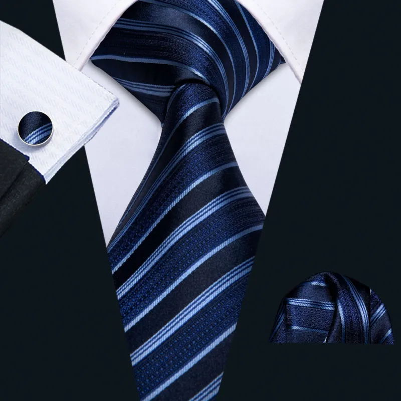 Barry Wang Deep Blue Striped Silk Men Tie Pocket Square Cufflinks Set sold by Barrywang