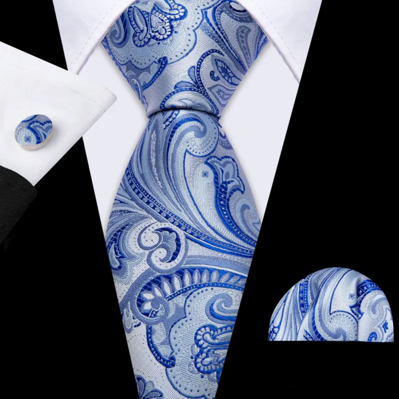 Barry Wang Light Blue Silver Paisley Silk Necktie Hanky Cufflinks Set sold by Barrywang