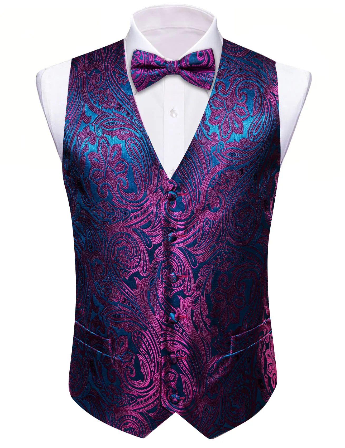 Barry. Wang Blue Purple Paisley Wedding Vest V-Neck Silk Suit Waistcoat sold by Barrywang product image thumbnail 5