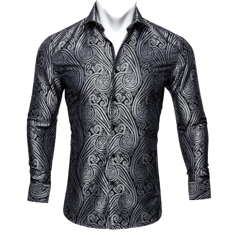 Barry Wang Grey Silk Print Paisley Top for Men Long Sleeve Daily Shirt sold by Barrywang