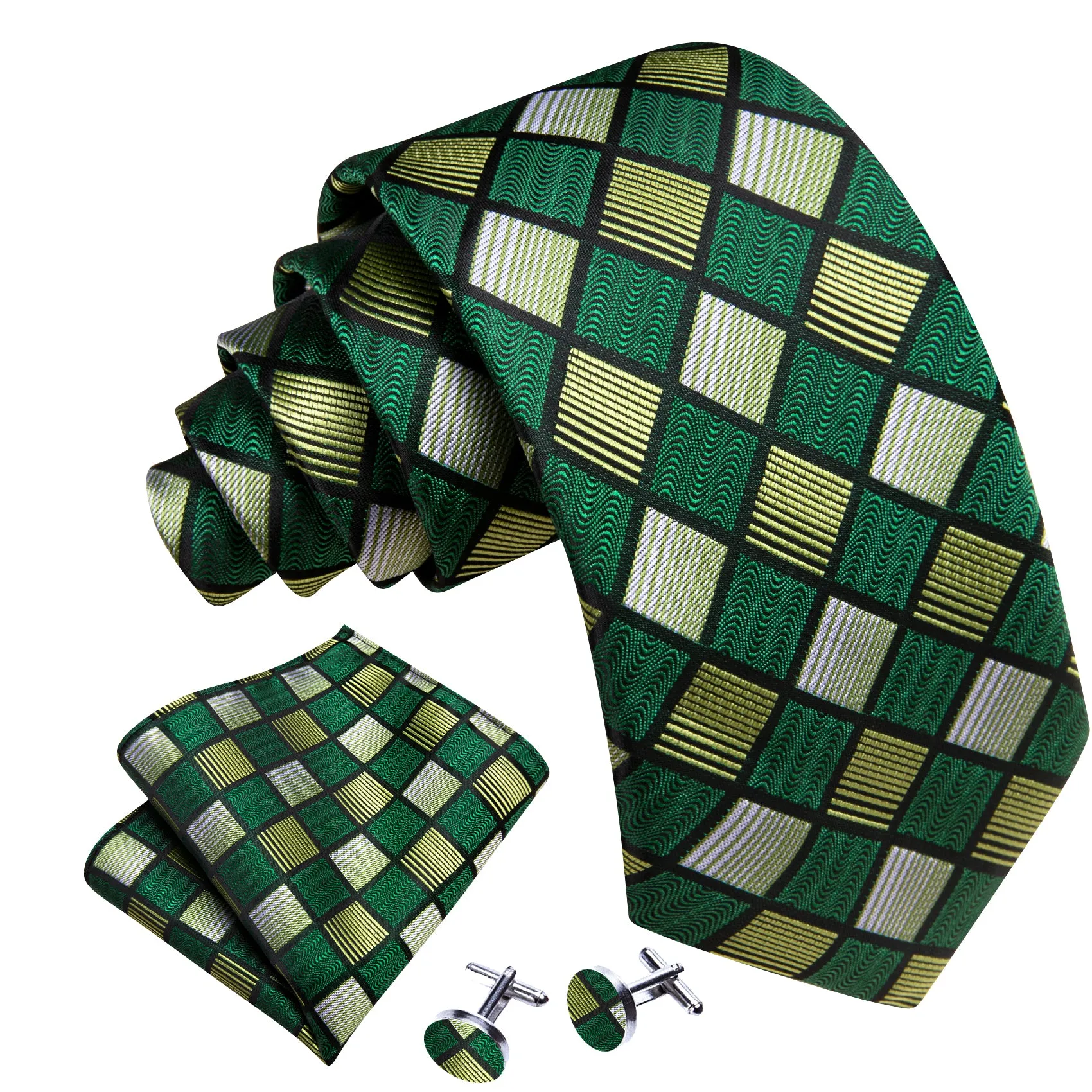 Barry Wang Green Plaid Silk Tie Handkerchief Cufflinks Set sold by Barrywang product image thumbnail 3