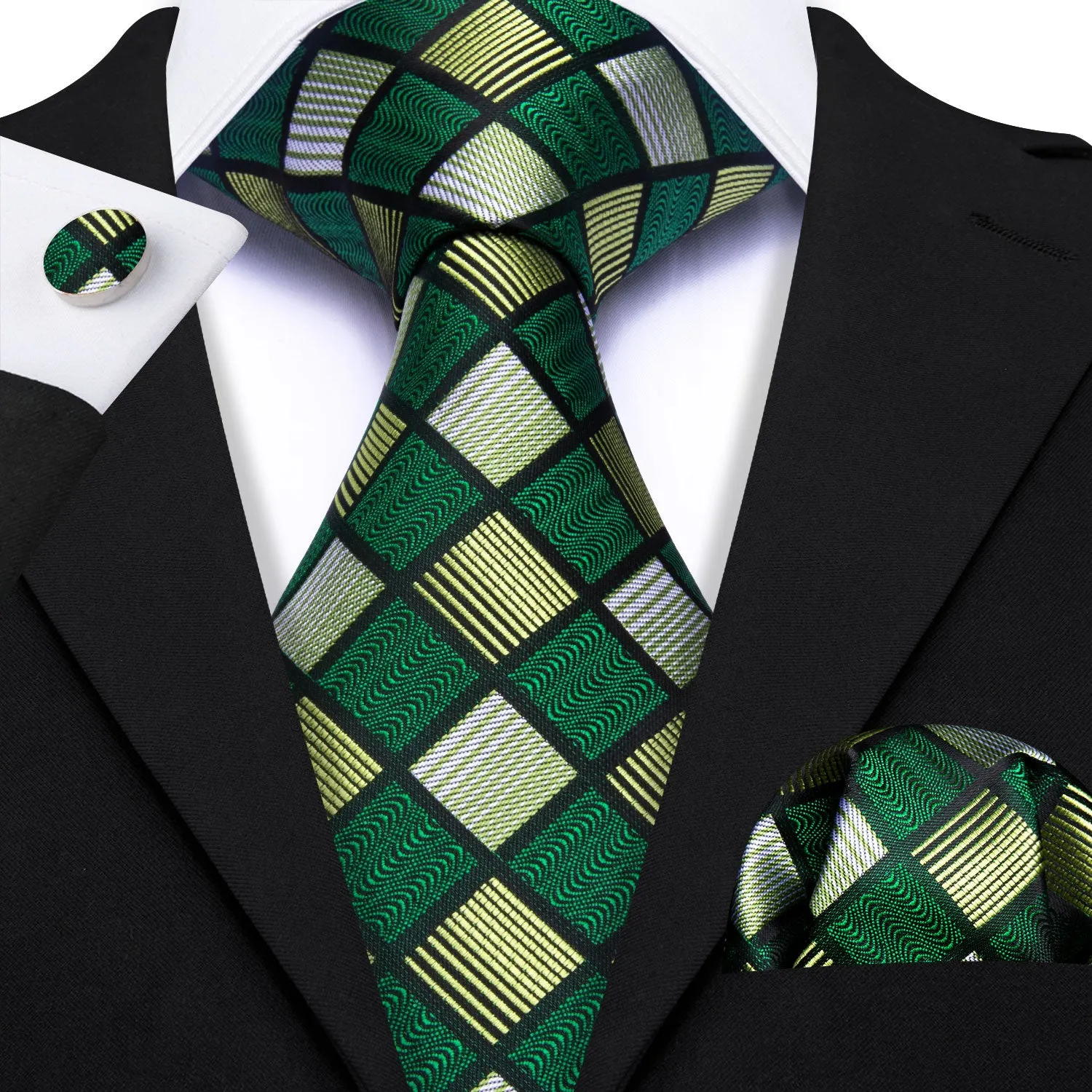 Barry Wang Green Plaid Silk Tie Handkerchief Cufflinks Set sold by Barrywang product image thumbnail 2