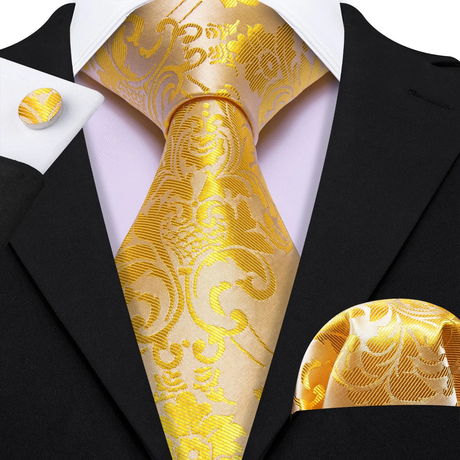 Barry Wang Yellow Gold Paisley Silk Necktie Pocket Square Cufflink Set sold by Barrywang