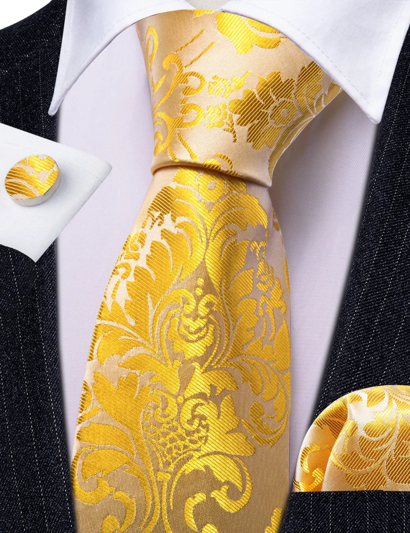 Barry Wang Yellow Gold Paisley Silk Necktie Pocket Square Cufflink Set sold by Barrywang product image thumbnail 4