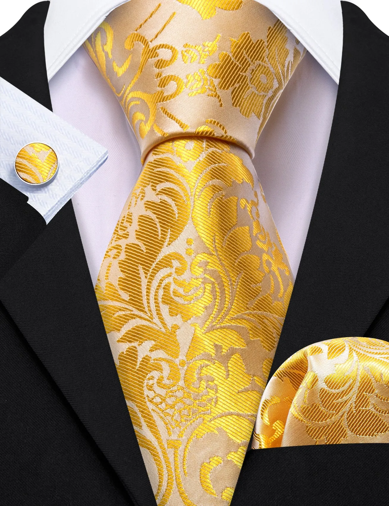 Barry Wang Yellow Gold Paisley Silk Necktie Pocket Square Cufflink Set sold by Barrywang product image thumbnail 3