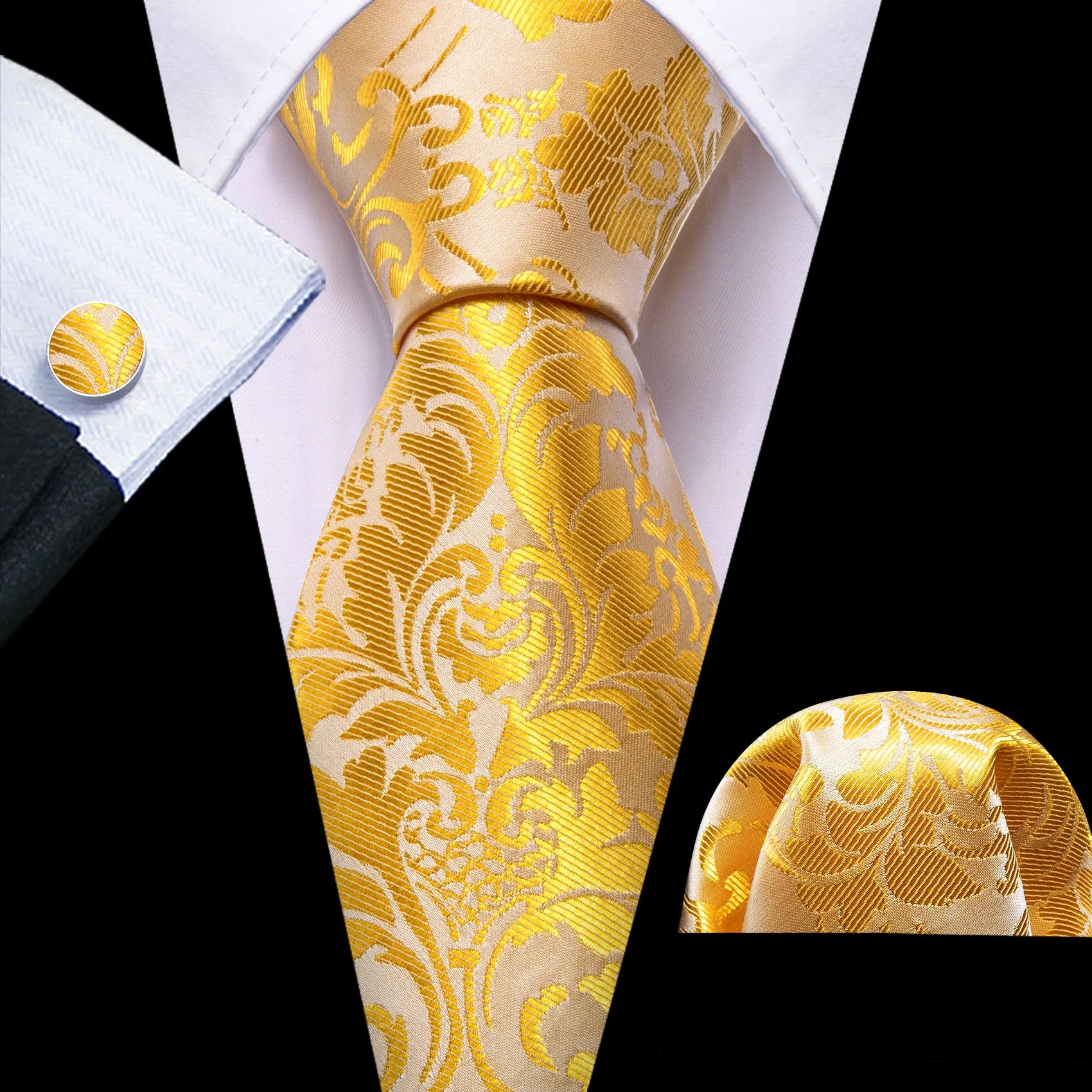 Barry Wang Yellow Gold Paisley Silk Necktie Pocket Square Cufflink Set sold by Barrywang product image thumbnail 2