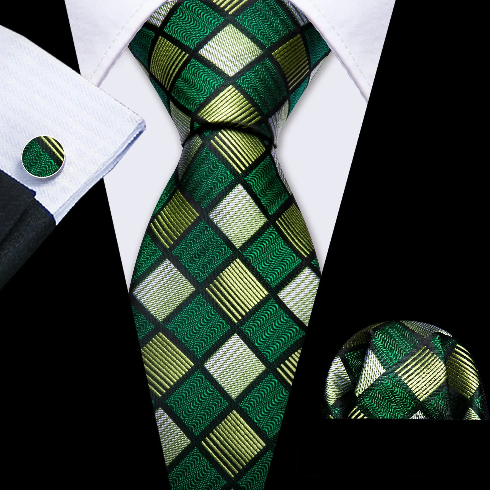 Barry Wang Green Plaid Silk Tie Handkerchief Cufflinks Set sold by Barrywang