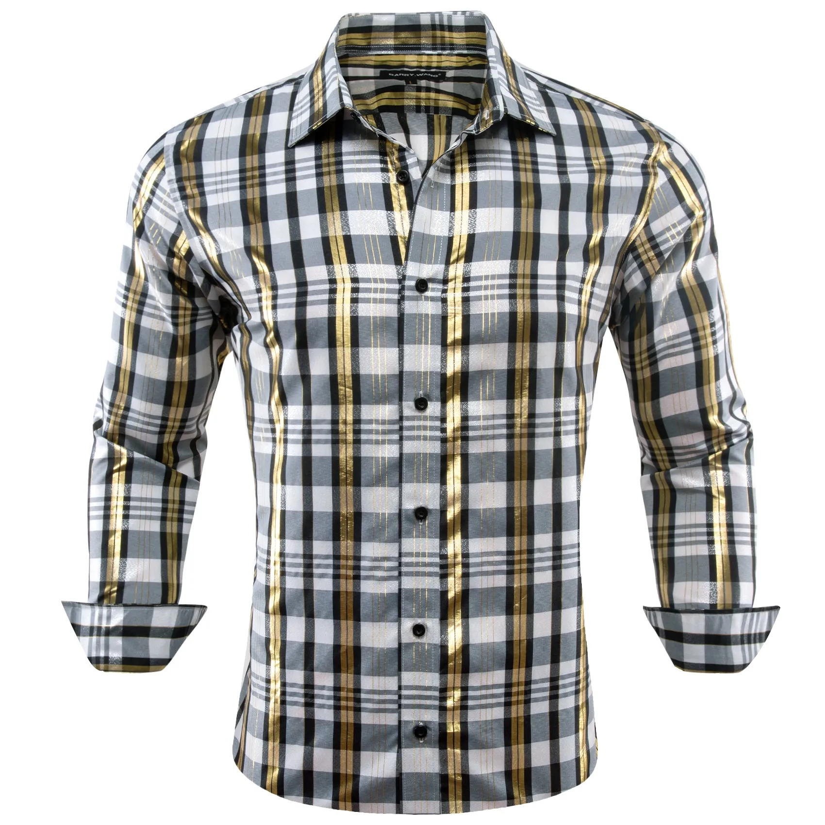Barry.wang Black White Plaid Silk Men's Shirt sold by Barrywang product image thumbnail 2