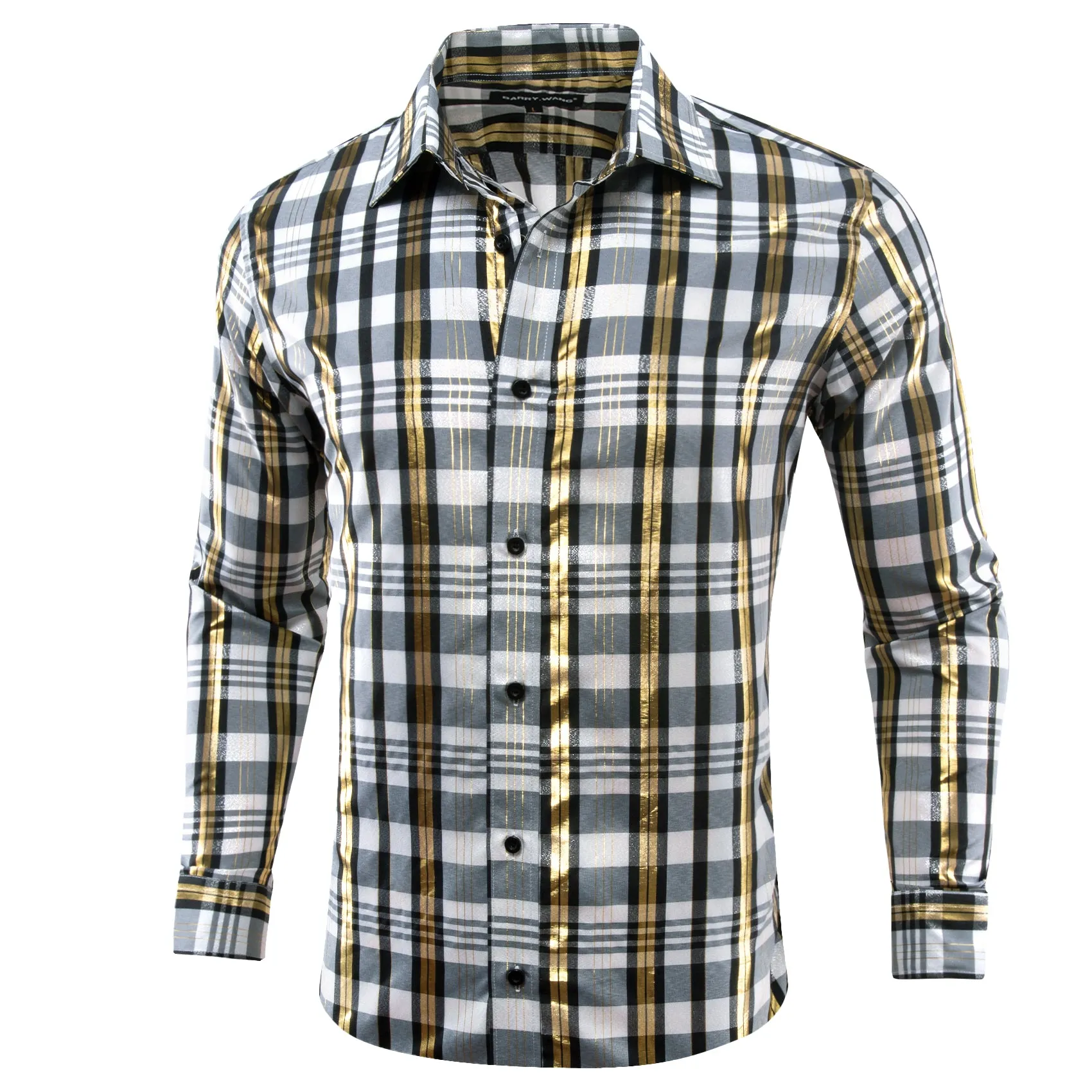 Barry.wang Black White Plaid Silk Men's Shirt sold by Barrywang