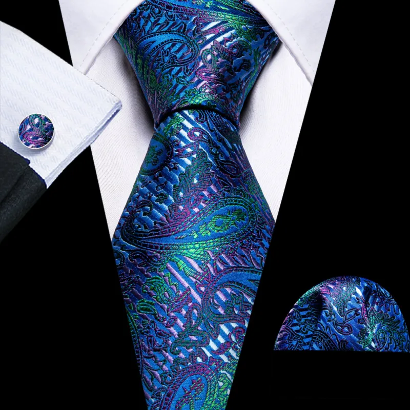 Barry Wang Dark Blue Ties Paisley Silk Tie Pocket Square Cufflinks Set sold by Barrywang