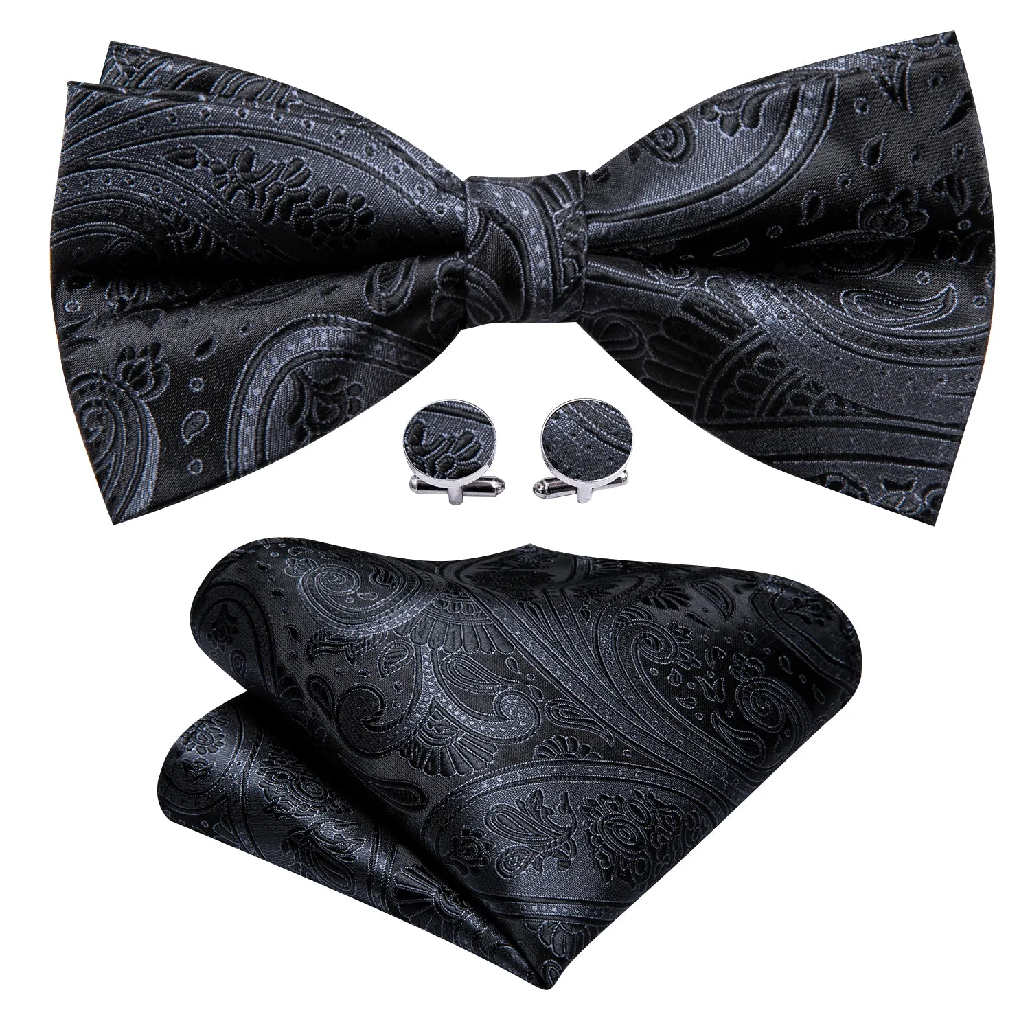 Barry Wang Black Grey Paisley Pre-tied Men Bow Tie Hanky Cufflinks Set sold by Barrywang
