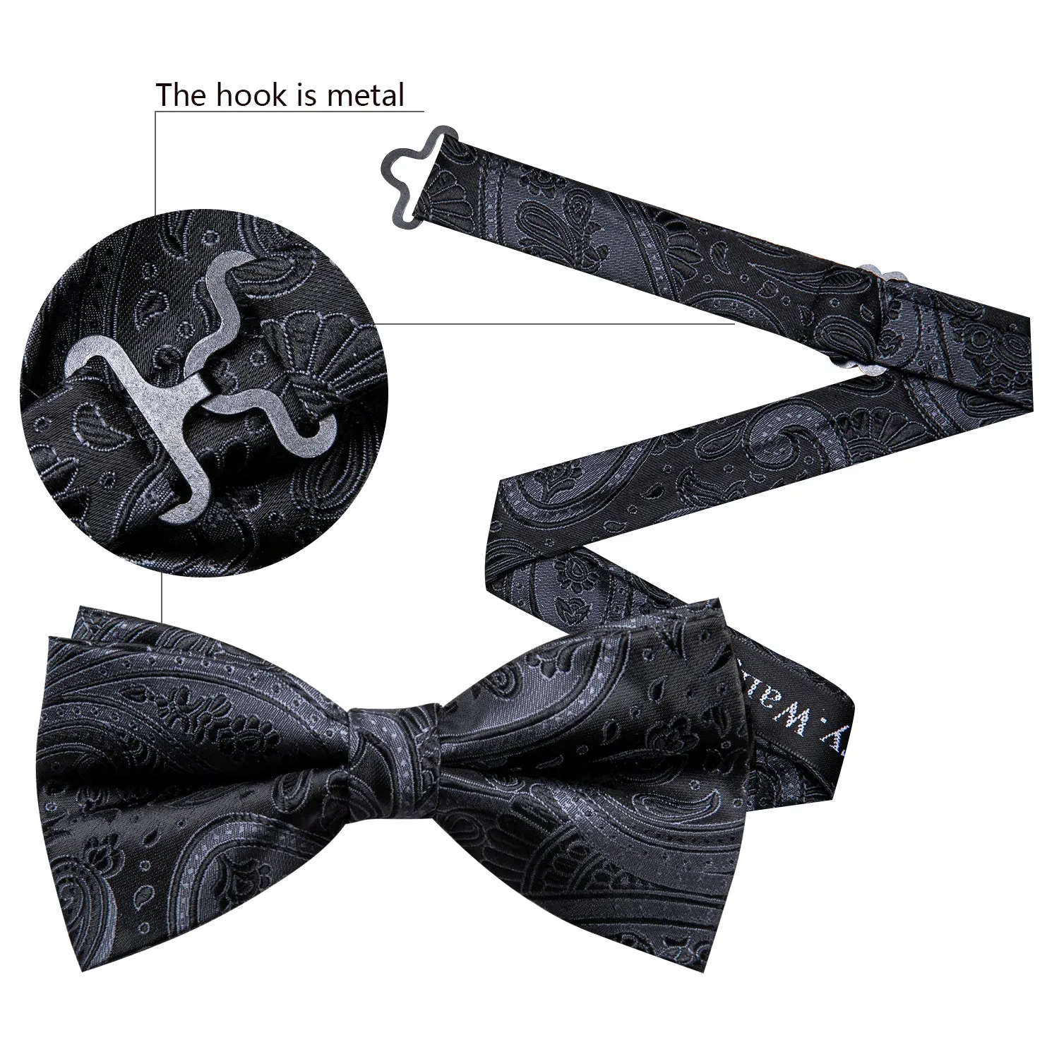 Barry Wang Black Grey Paisley Pre-tied Men Bow Tie Hanky Cufflinks Set sold by Barrywang product image thumbnail 4