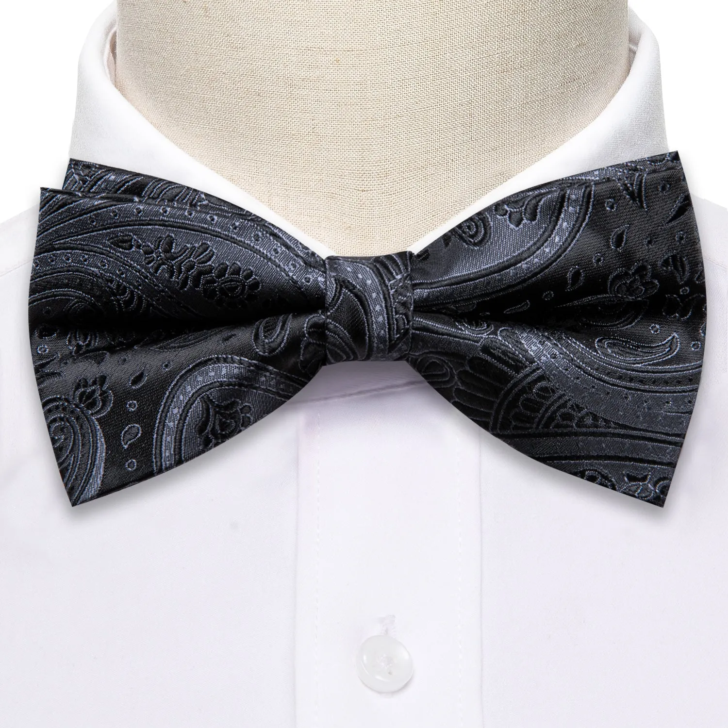 Barry Wang Black Grey Paisley Pre-tied Men Bow Tie Hanky Cufflinks Set sold by Barrywang product image thumbnail 3