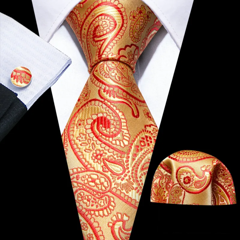 Barry.Wang Floral Tie Red Gold Paisley Silk Men's Tie Hanky Cufflinks Set sold by Barrywang