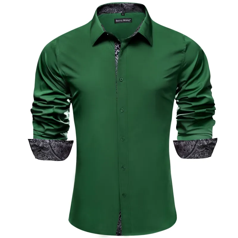 Barry Wang Dark Green Shirts Long Sleeve Grey Cuff Patchwork Shirt Top sold by Barrywang