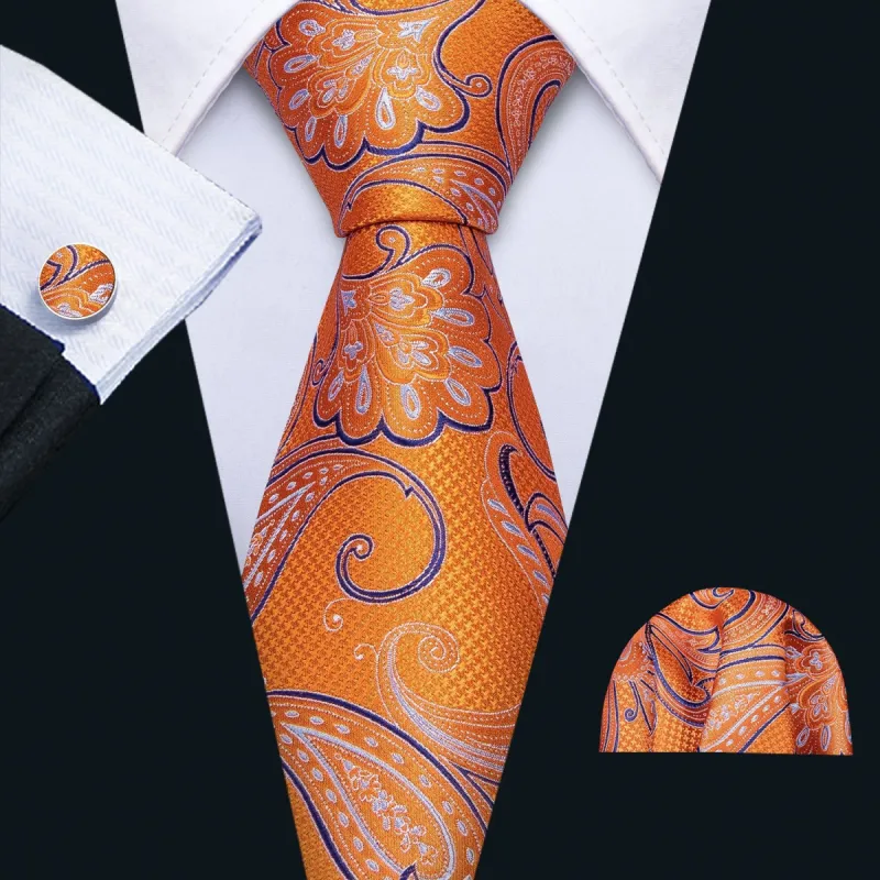 Barry Wang Orange Tie Paisley Mens Necktie Pocket Square Cufflinks Set sold by Barrywang
