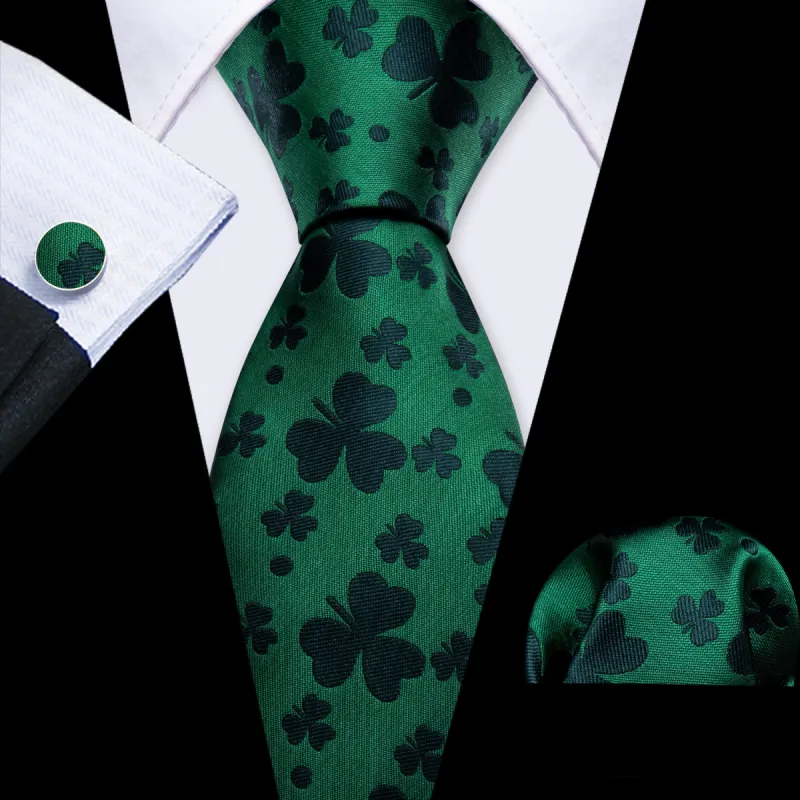 Barry Wang Green Clover Silk Tie Handkerchief Cufflinks Set sold by Barrywang