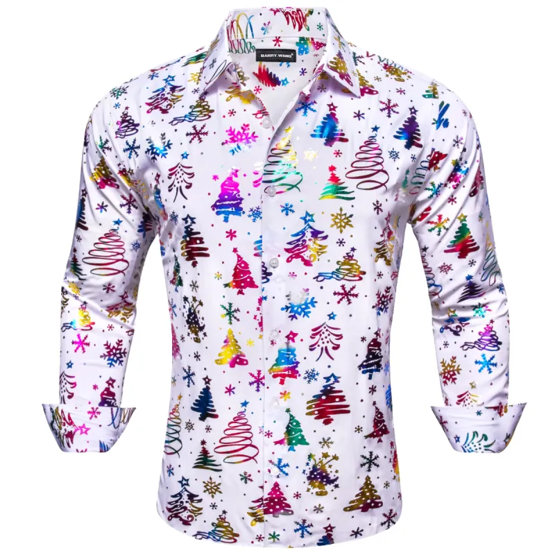 Barry Wang Christmas Tree Pattern Colorful Print White Festival Shirt sold by Barrywang