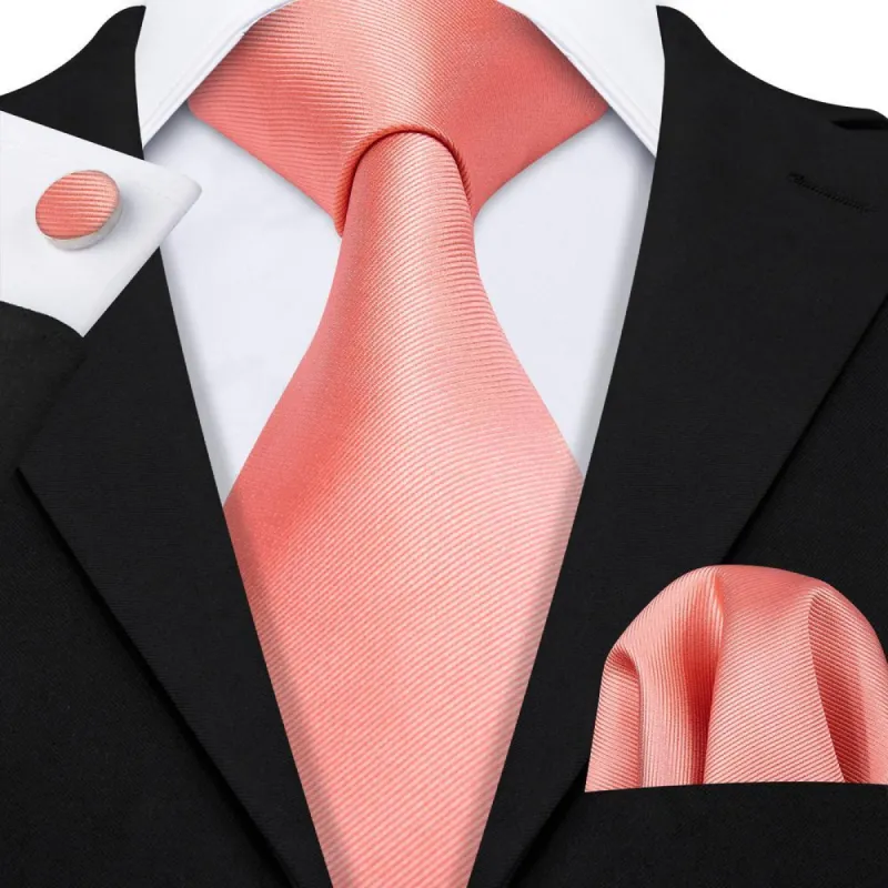 Barry Wang Pink Coral Red Solid Silk Tie Pocket Square Cufflinks Set sold by Barrywang