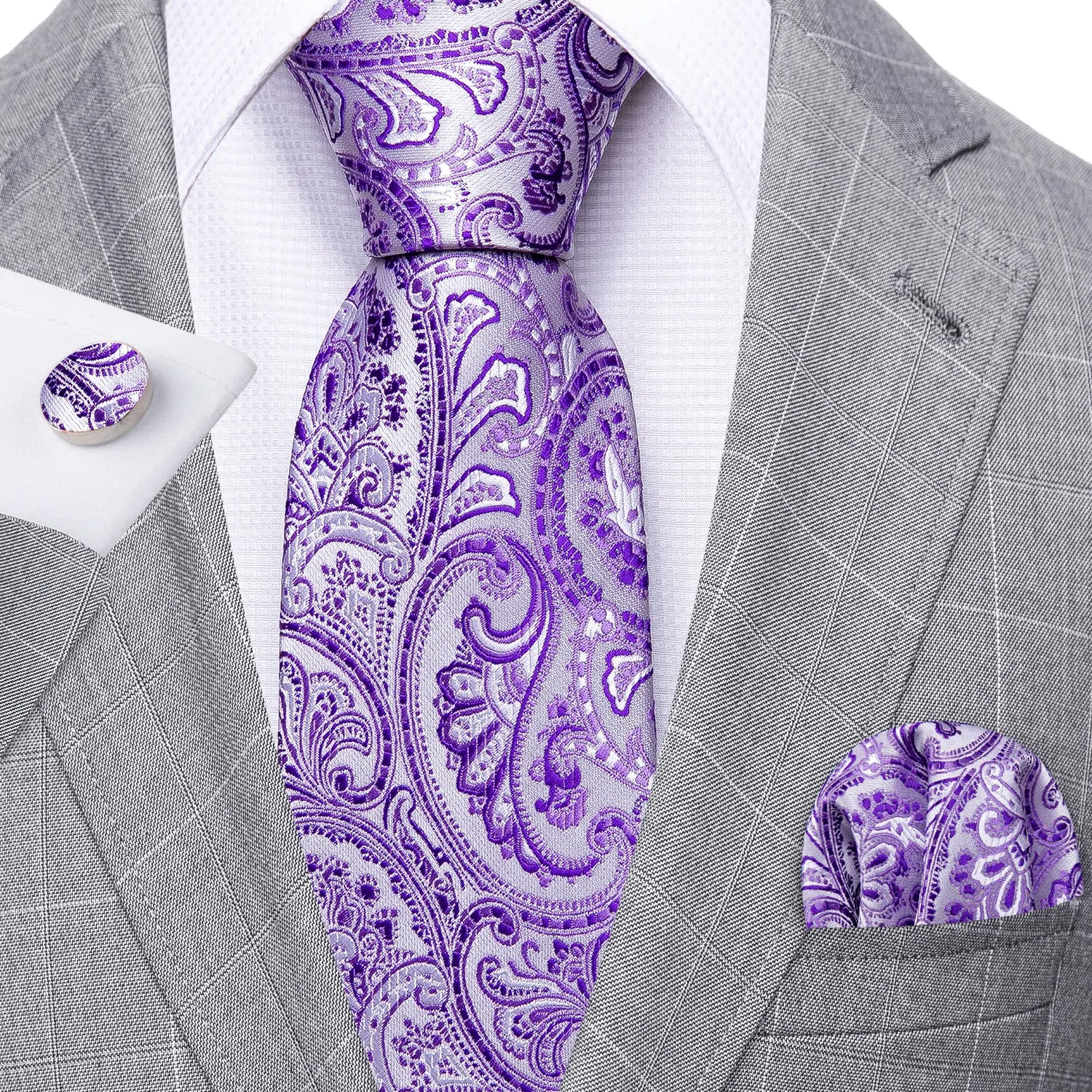 Barry Wang Lavender Purple Paisley Men's Silk Tie Hanky Cufflinks Set sold by Barrywang product image thumbnail 3