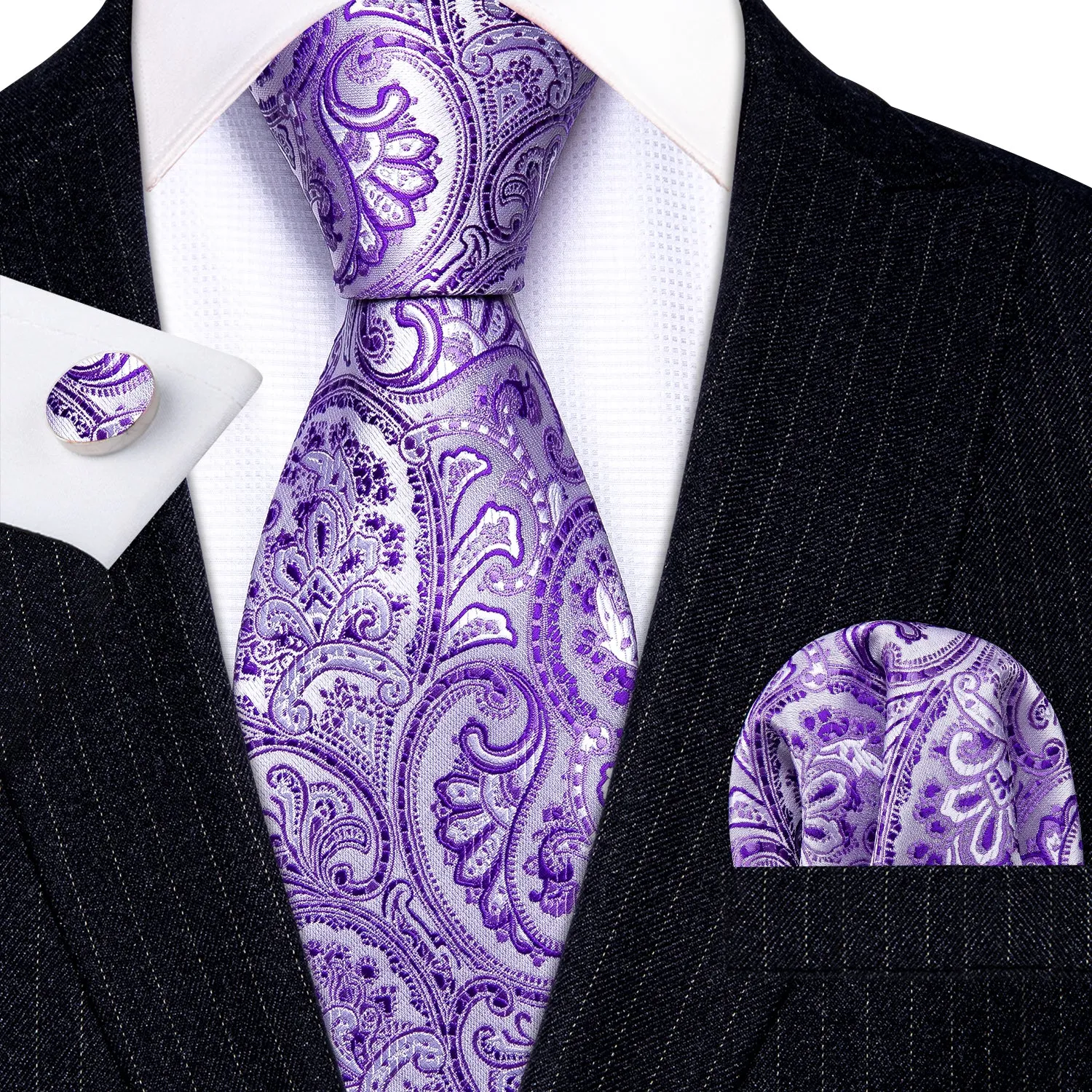 Barry Wang Lavender Purple Paisley Men's Silk Tie Hanky Cufflinks Set sold by Barrywang