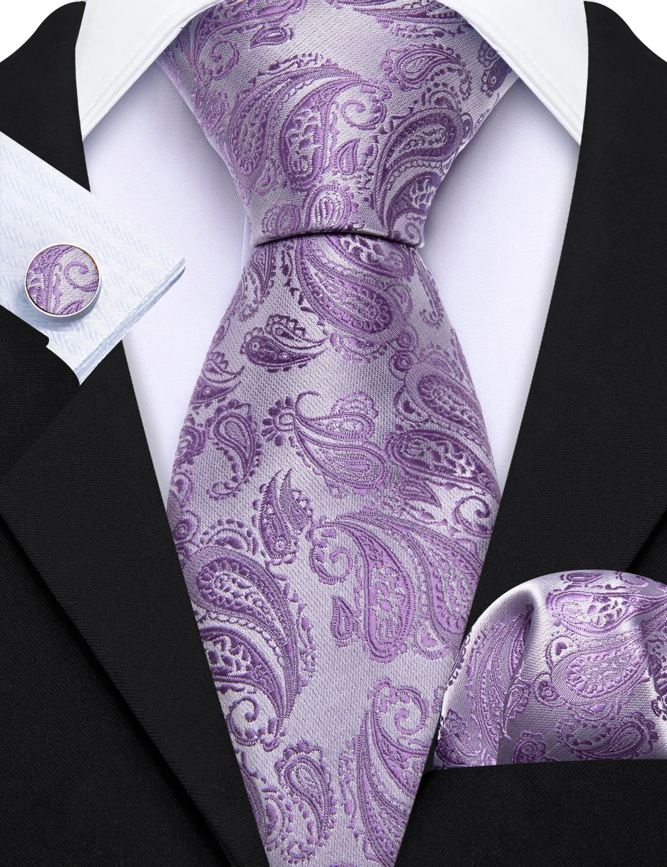 Barry. Wang Purple Silver Paisley Silk 63" Necktie Hanky Cufflinks Set sold by Barrywang product image thumbnail 2