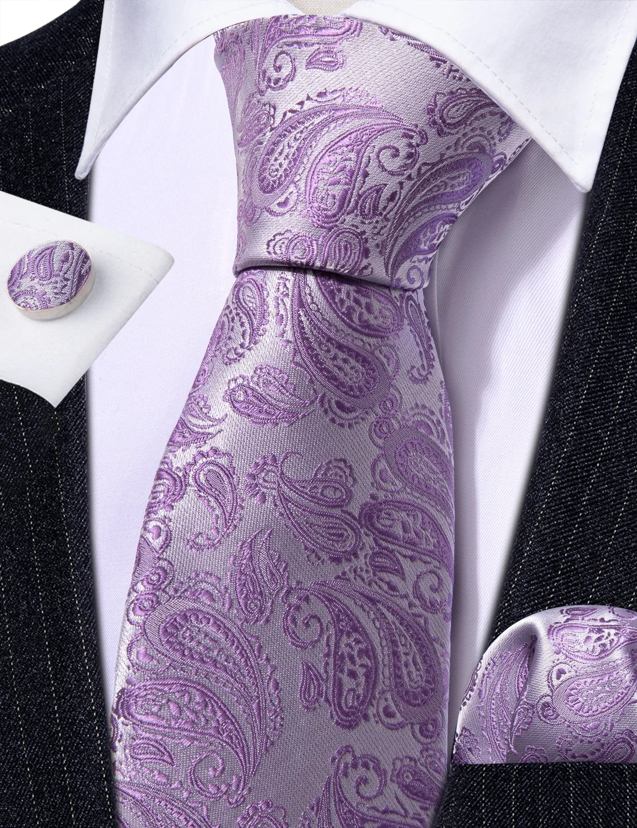 Barry. Wang Purple Silver Paisley Silk 63" Necktie Hanky Cufflinks Set sold by Barrywang product image thumbnail 3