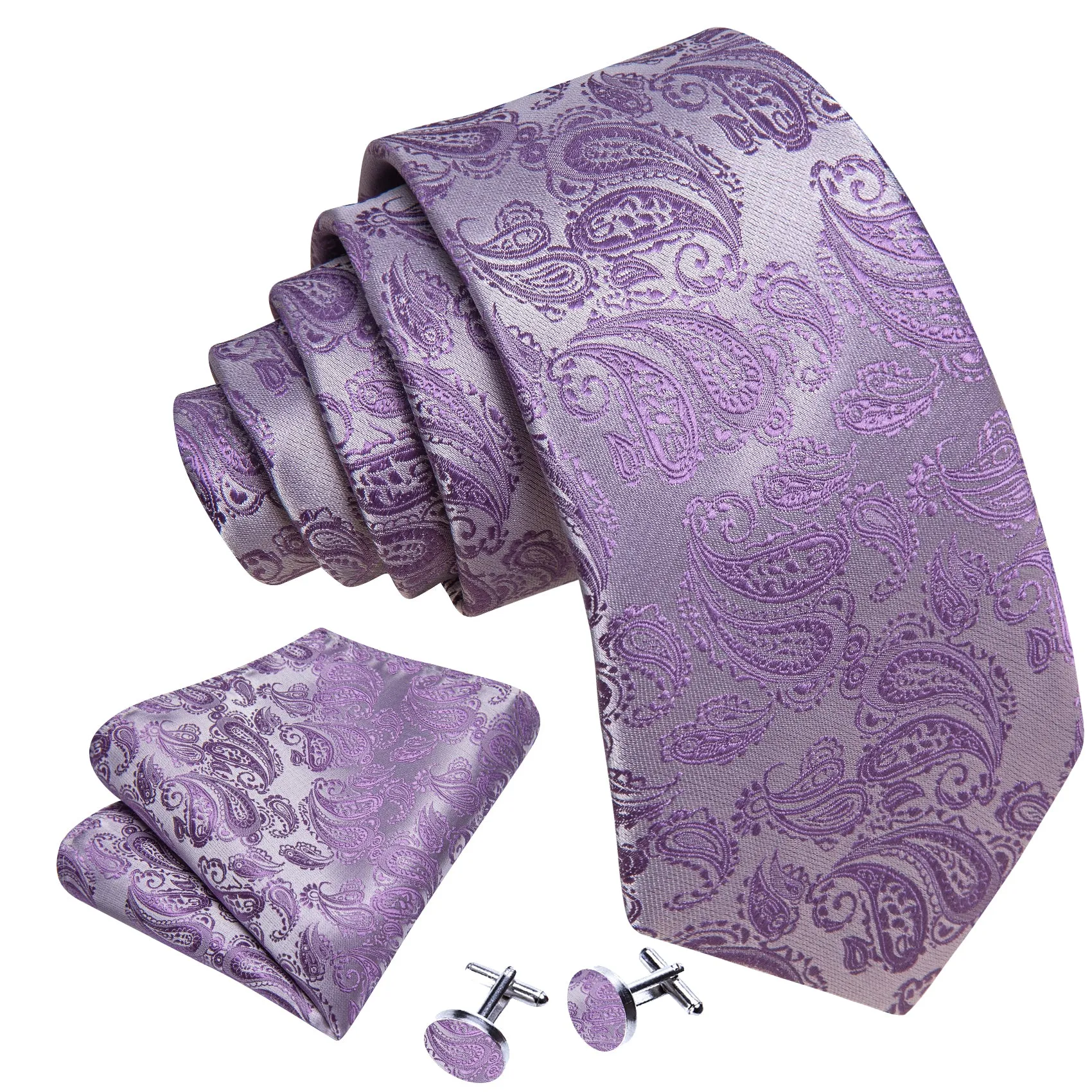 Barry. Wang Purple Silver Paisley Silk 63" Necktie Hanky Cufflinks Set sold by Barrywang product image thumbnail 4