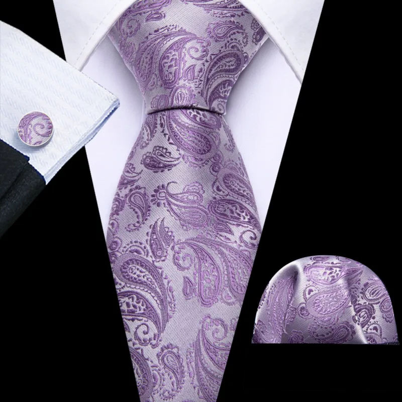 Barry Wang Purple Silver Paisley Silk 63" Necktie Hanky Cufflinks Set sold by Barrywang