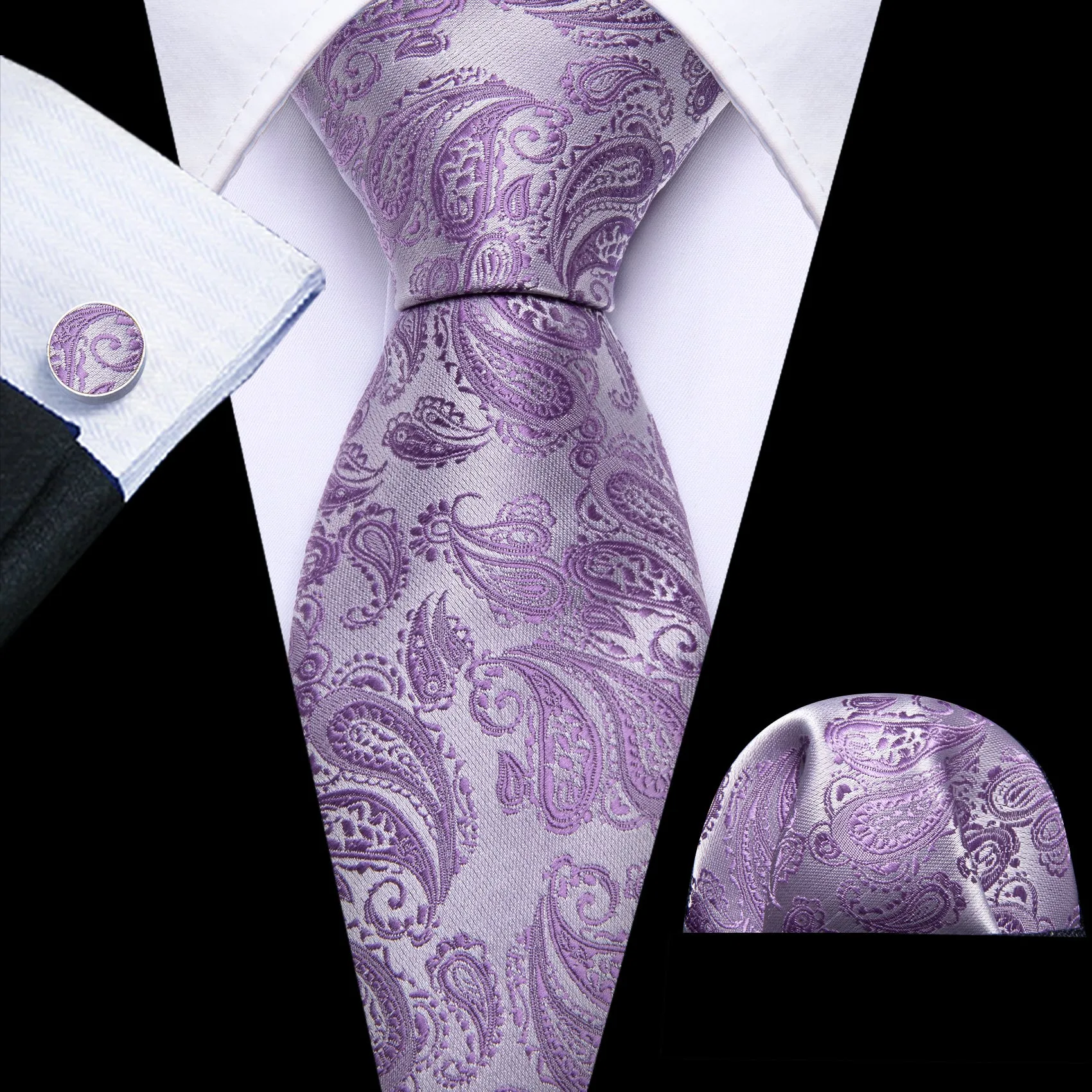 Barry. Wang Purple Silver Paisley Silk 63" Necktie Hanky Cufflinks Set sold by Barrywang