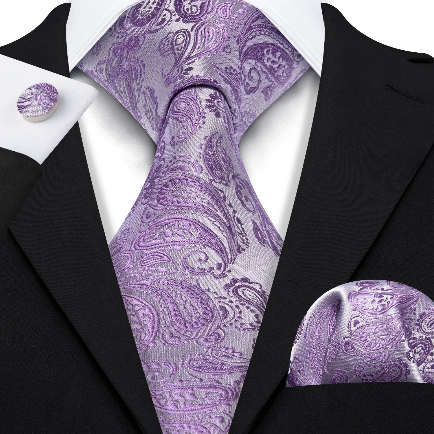 Barry. Wang Purple Silver Paisley Silk 63" Necktie Hanky Cufflinks Set sold by Barrywang product image thumbnail 5