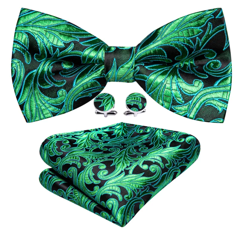 Barry. Wang Green Floral Pre-tied Bow Tie Hanky Cufflinks Set sold by Barrywang