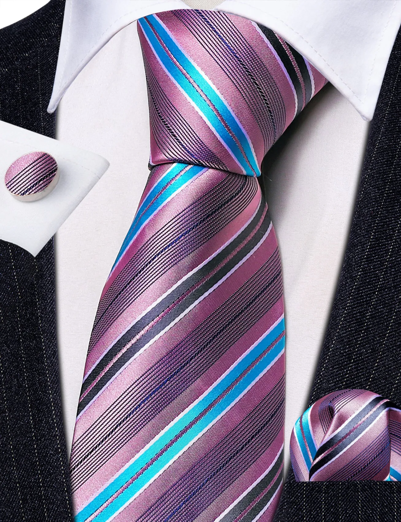 Barry Wang Pink Tie Blue Grey Stripes Silk Necktie Hanky Cufflinks Set sold by Barrywang product image thumbnail 3