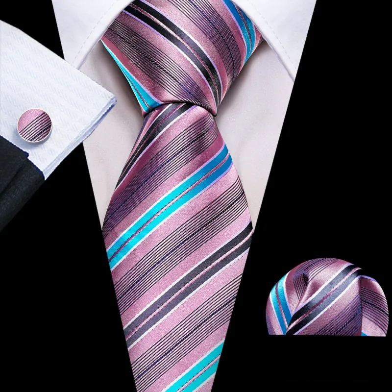 Barry Wang Pink Tie Blue Grey Stripes Silk Necktie Hanky Cufflinks Set sold by Barrywang