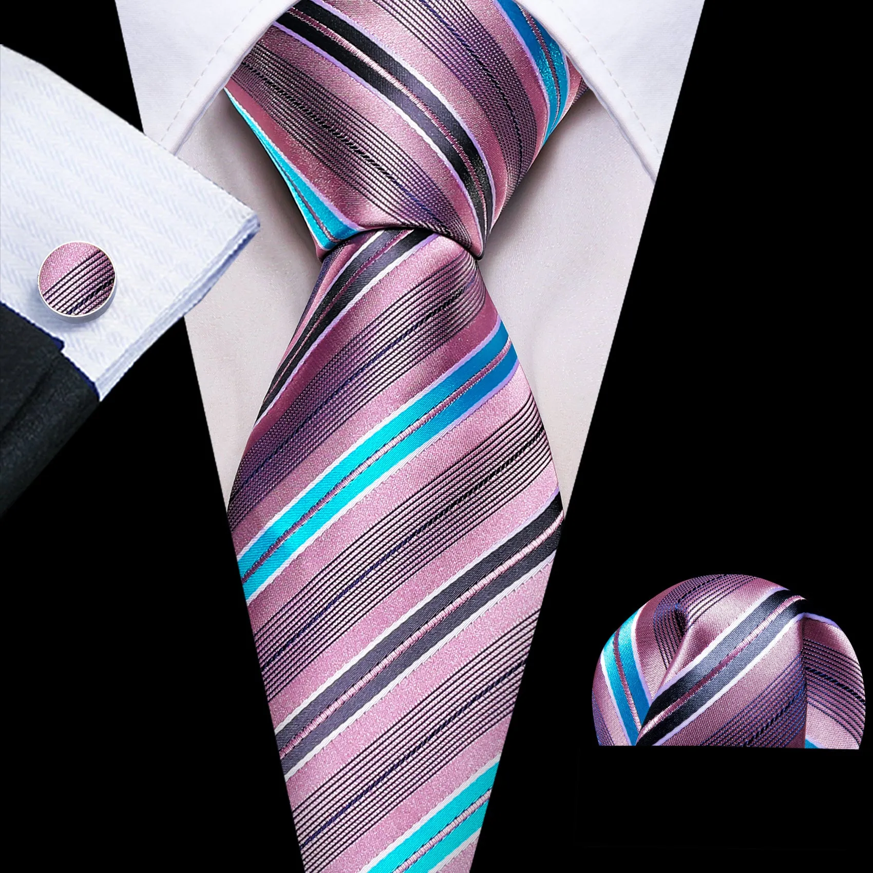 Barry Wang Pink Tie Blue Grey Stripes Silk Necktie Hanky Cufflinks Set sold by Barrywang